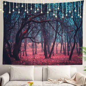 Colorful Forest Scenery Tapestry Blue Red Pink Trees Woods Landscape Wall Art